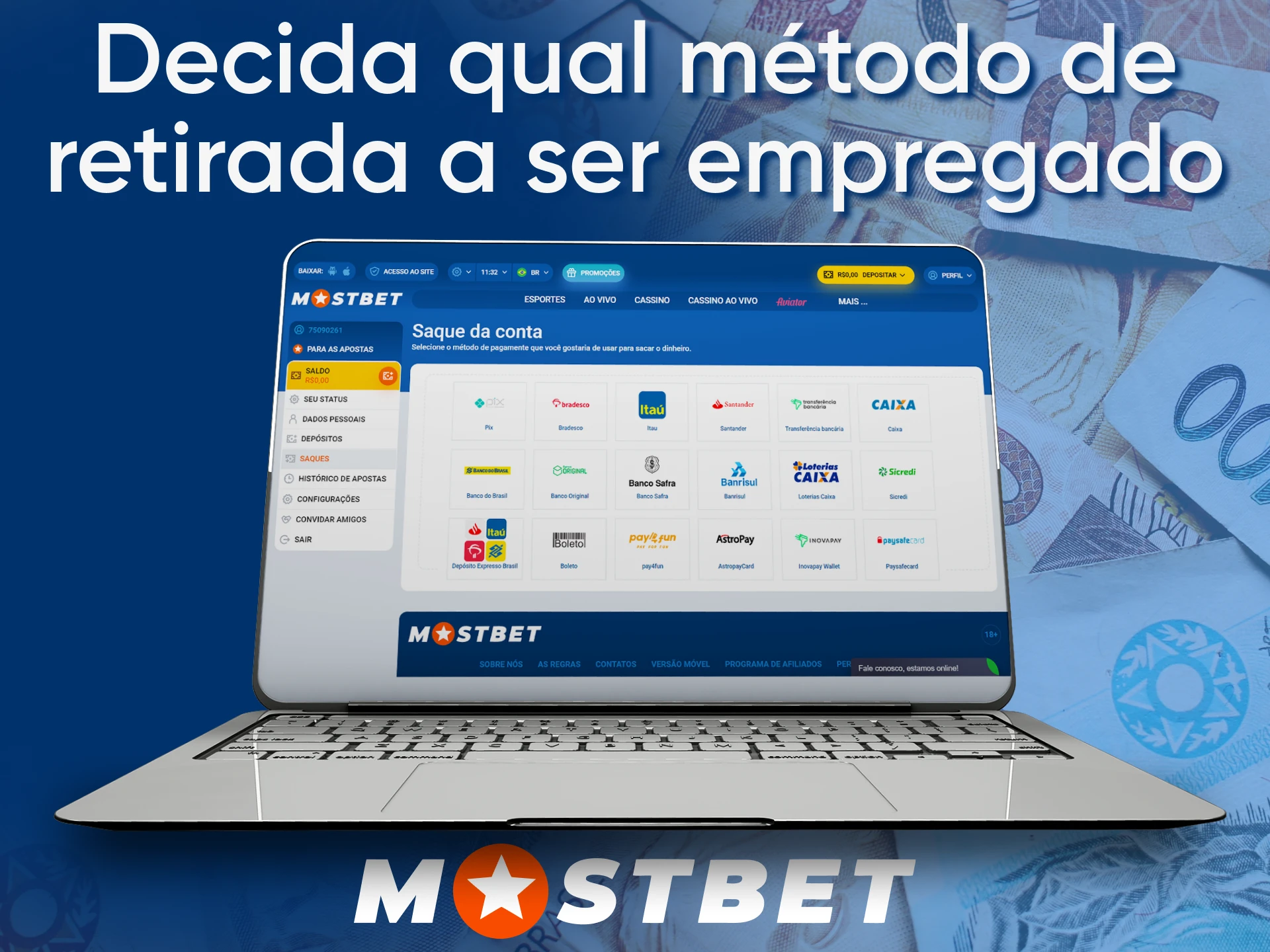 Выберите, как вы хотите вывести деньги со своего счета в Mostbet.